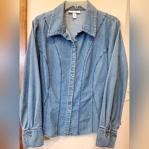 Dressbarn Light Blue Cotton Denim Button-Up Shirt P-P21.5", SH-SH17", L23", W20"